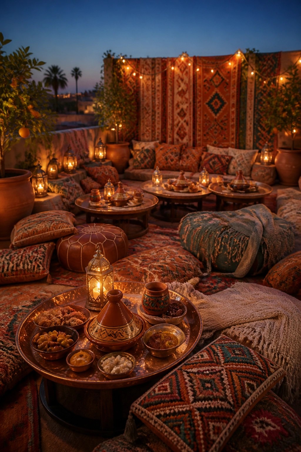 A rooftop evening lounge with layered rugs, patterned cushions, low round tables holding tagines and small bowls, and glowing lanterns scattered throughout the seating area.