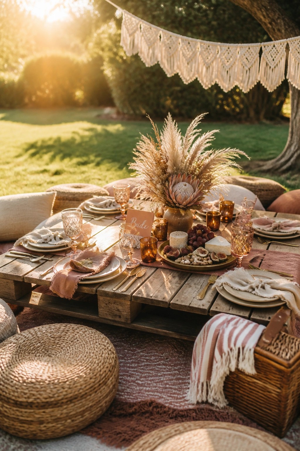 Outdoor wooden pallet table set with boho tableware, a pampas grass centerpiece, cheese board, and woven cushions arranged on a rug at sunset.