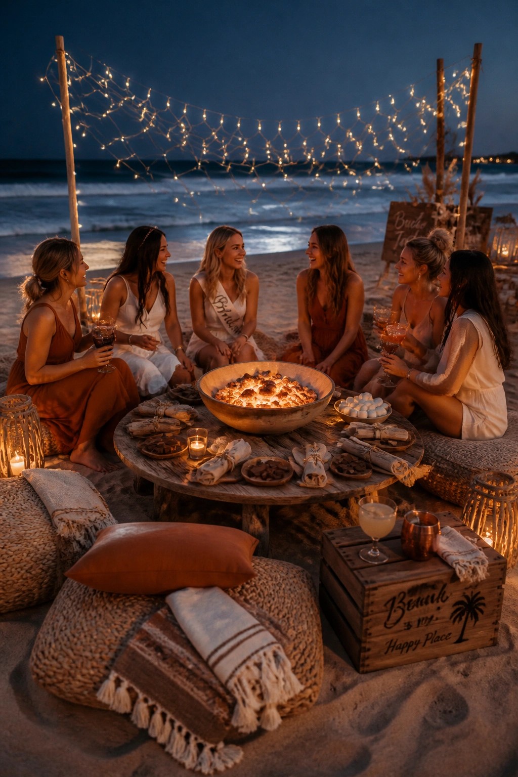 Six women sit around a low wooden table with a fire bowl on the beach at dusk, string lights hanging overhead between wooden poles.