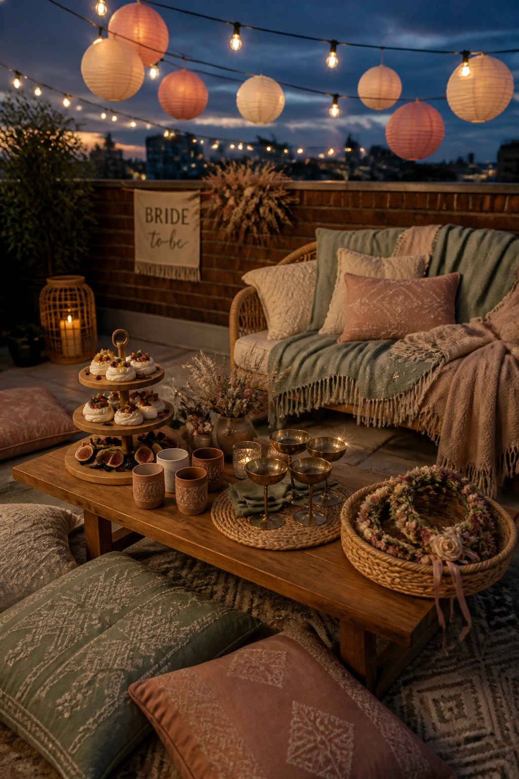 A rooftop bachelorette lounge at dusk with string lights, paper lanterns, a low wooden table holding desserts and brass cups, floor cushions, and a wicker sofa with blankets.
