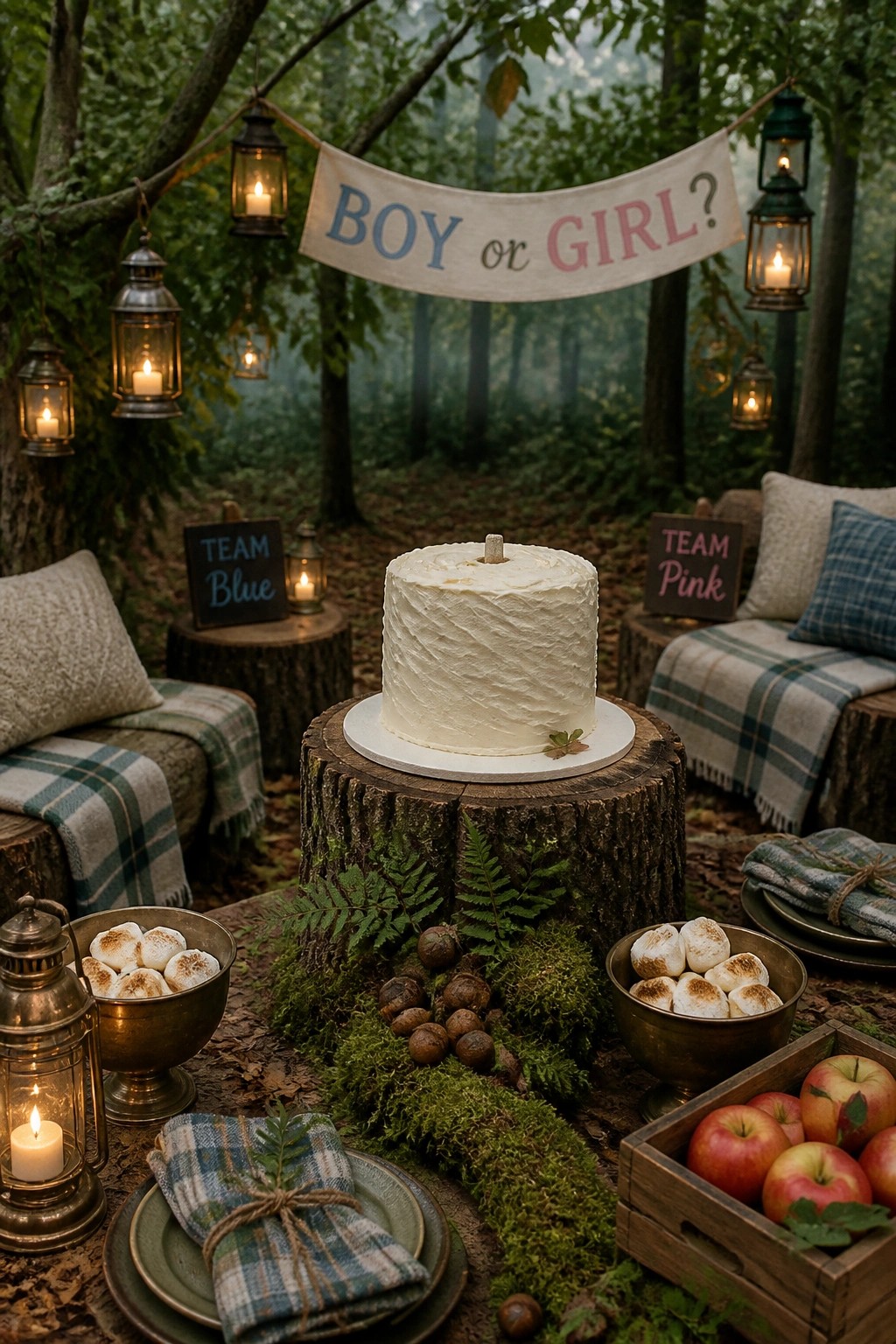 A white frosted cake on a tree stump in a forest with lanterns, a gender reveal banner, and bowls of toasted marshmallows nearby.