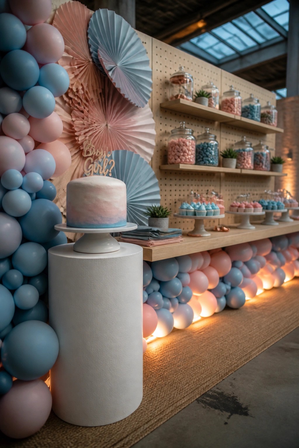 A long dessert table at a gender reveal party with a cake on a pedestal, rows of cupcakes on stands, glass candy jars on overhead shelves, and pink and blue balloons along the front edge.